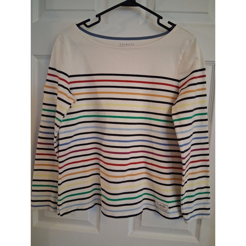 Talbots Authentic Womens Multi Stripe Cotton Boat Neck Long Sleeve Tee SMALL